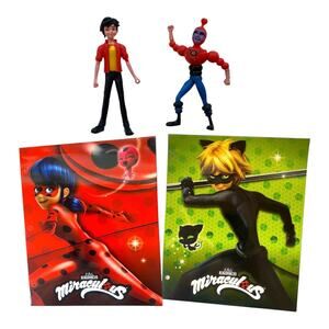 Miraculous Ladybug Action Figures + Folders Hawk Moth, Adrien, Cat Noir, Ladybug